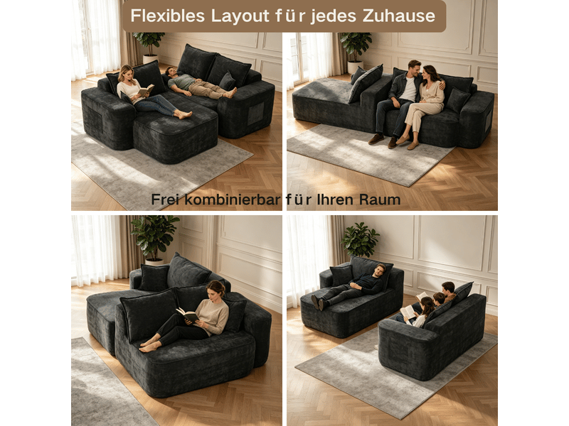  Canapé d'angle modulable 3 places sans montage, assise profonde, 2 éléments, poche latérale, canapé lounge en chenille noir Seren Glow - Conforama D