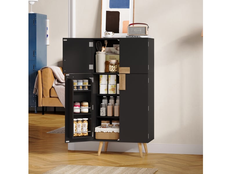  Colonne de cuisine haute avec 4 portes, étagères réglables et rangements de porte, en mdf noir, 60 × 35 × 120 cm  - Conforama D
