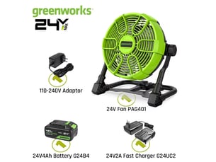 Greenworks ventilateur 24 v 10 (5 vitesses) 500 cfm hybride 360 ° rotatif (ac dc) avec chargeur ac batterie 4ah et chargeur rapide inclus