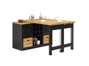 Îlot de cuisine extensible pivotante avec porte-bouteilles amovible 120-197x40x72 cm noire