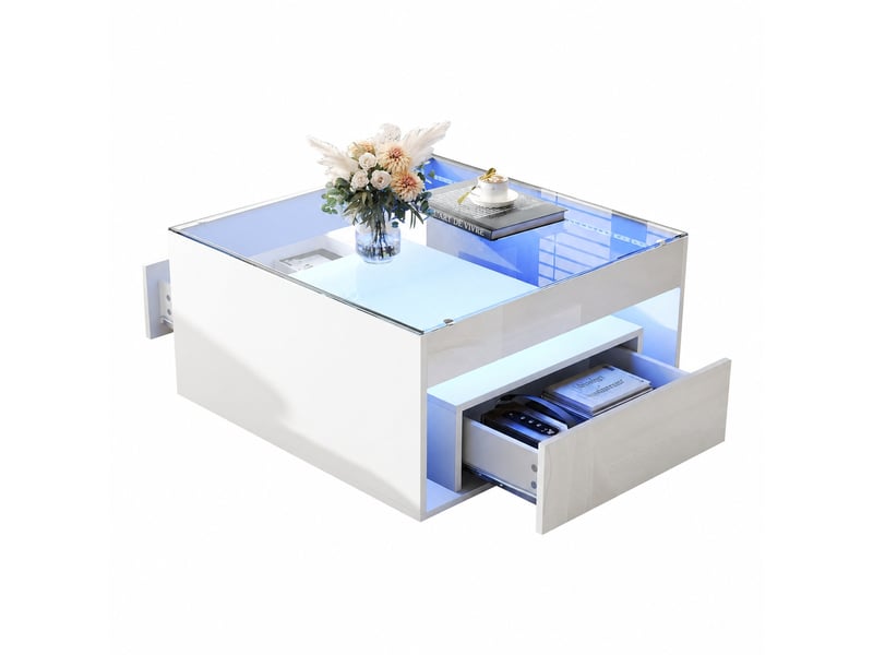 Table basse led blanche, carrée 70 x 70 x 35 cm, verre trempé, 2 tiroirs, mdf brillant - Conforama A