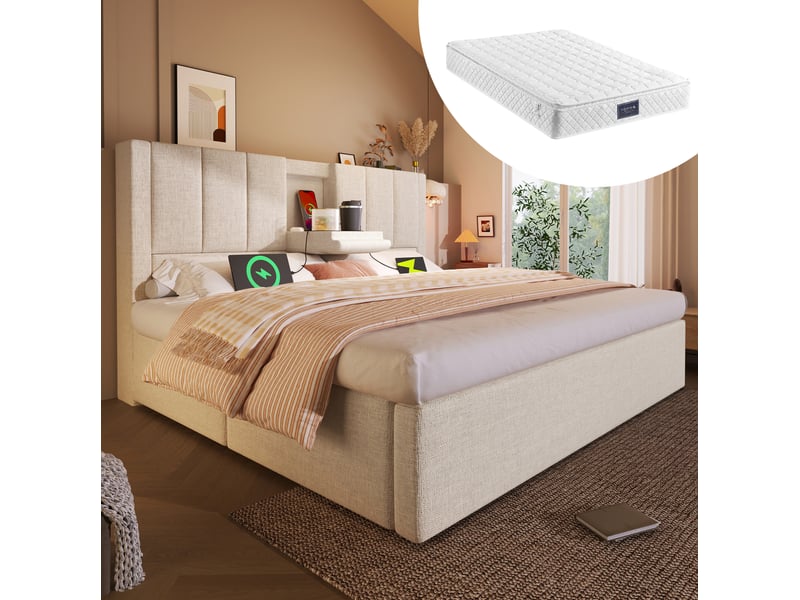  Lit coffre 160 x 200 cm en lin beige avec matelas, sommier à lattes et station de charge  - Conforama B
