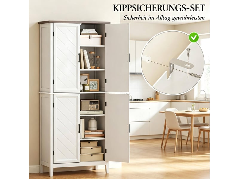  Buffet de cuisine haut avec 4 portes, 6 niveaux et 4 étagères réglables, blanc  - Conforama E