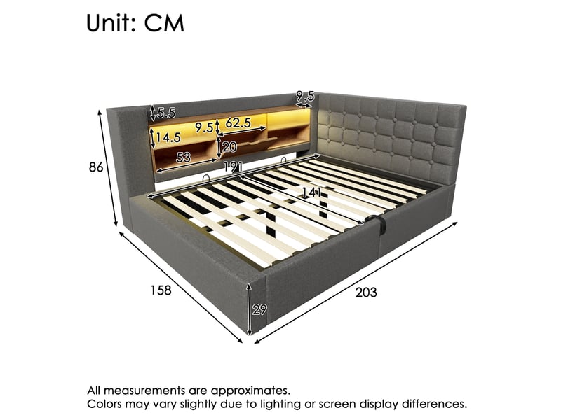  Lit double 140x190 avec éclairage led et lit coffre hydraulique - tête de lit en l avec rangement lin gris  - Conforama C