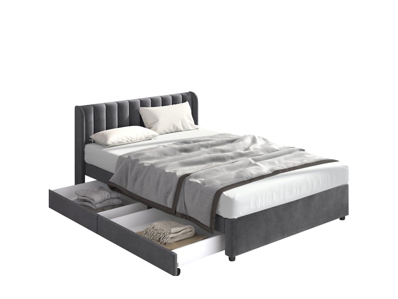  Modenvie lit avec rangement 160x200 cm - velours, tête de lit haute, sommier inclus - gris  - Conforama A