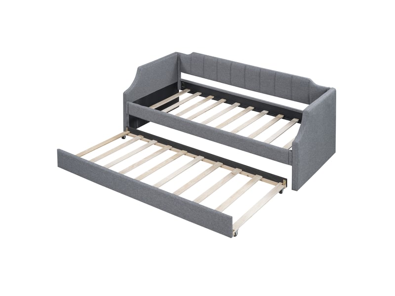  Lit enfant 90x200(190)cm,lit gigogne en lin avec dossier incurvé,bras larges et roulettes,gris lit enfant gris - Conforama D