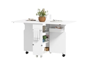Table pliante à abattants avec étagères à 3 niveaux, coffre de rangement et roulettes, mdf, 130 x 80 x 76,5 cm, blanche