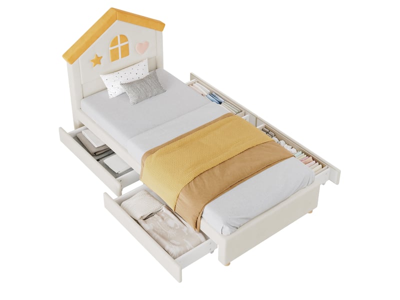  Lit enfant 90 × 200 cm 1 place avec 4 tiroirs et tête de lit maison, sans matelas, en velours beige  - Conforama A