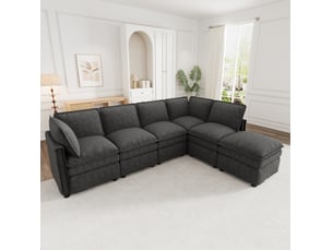 Canapé modulable convertible 6 places avec ottomane mobile et double assise en chenille gris