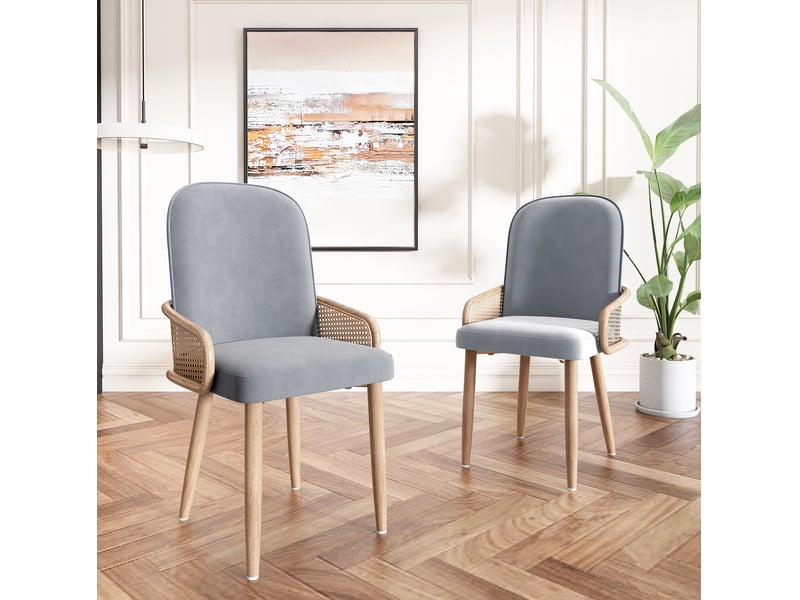  Lot de 4 chaises de salle à manger avec dossier effet rotin et pieds en métal décor bois, en velours gris  - Conforama C