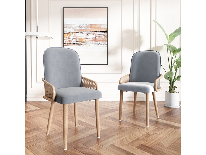 Lot de 4 chaises de salle à manger avec dossier effet rotin et pieds en métal décor bois, en velours gris  - Conforama C