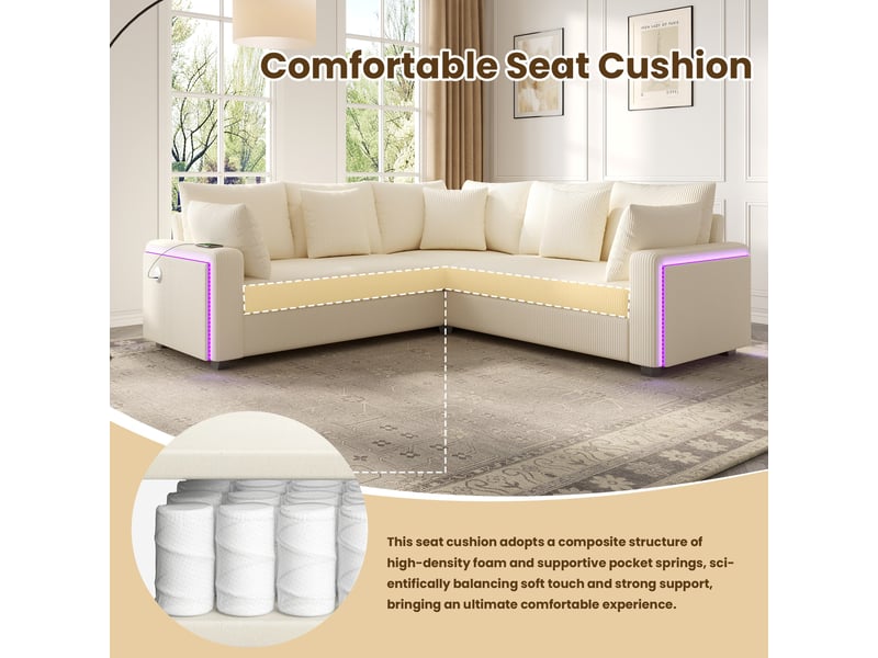 Canapé d'angle 5 places, éclairage led, ports usb et usb-c, velours côtelé, 5 coussins, assise à ressorts pour salon - beige - Conforama E