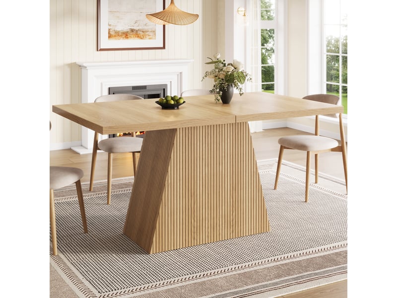  Table de salle à manger extensible 120160x80x76 cm pour 4 à 6 personnes, pieds trapézoïdaux, structure rainurée, patins antidérapants - chêne clair  - Conforama E