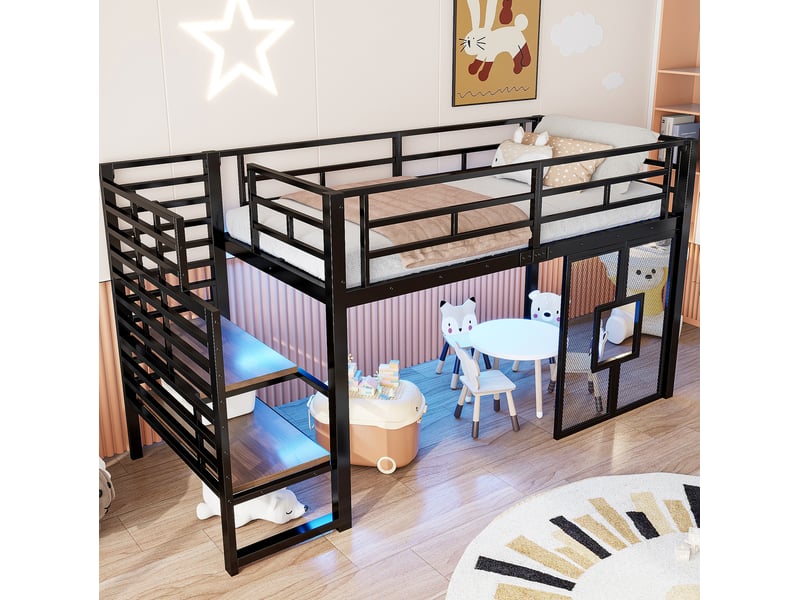  Lit mezzanine, 90x200 cm, lit enfant, escalier doté d’un espace de rangement, led, fenêtres, métal et mdf, coloris noir  - Conforama D