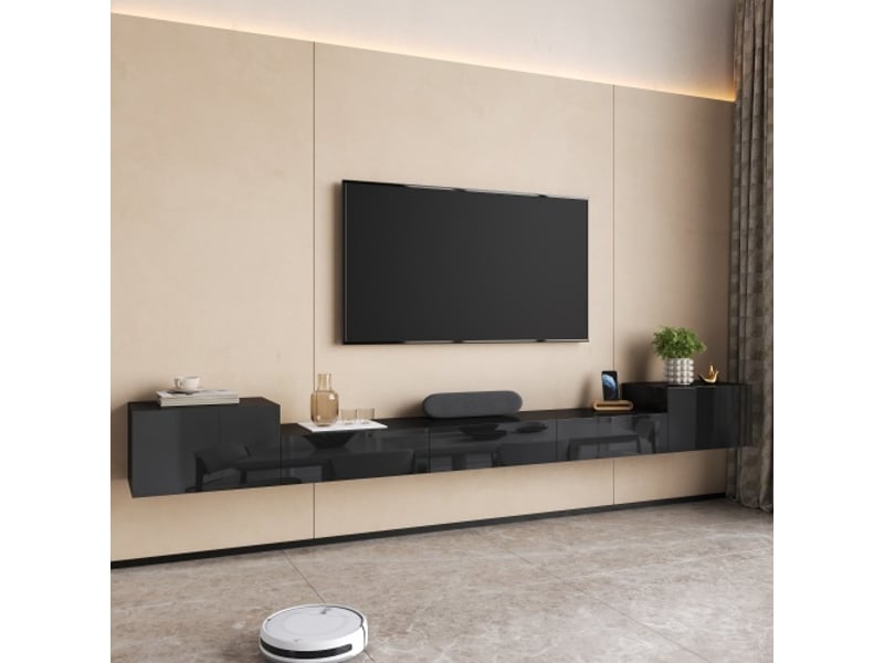  Console tv murale avec portes brillantes et led rgb contrôlables par app – meuble tv fermé, salon moderne  - Conforama B