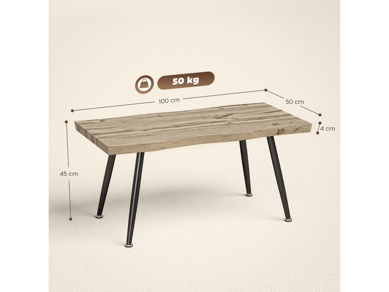  Table basse, table d'appoint moderne avec pieds en acier et plateau épais de 4 cm, chêne et noir, 100 x 50 x 45 cm  - Conforama C