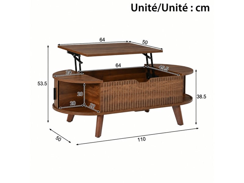  Table basse ovale relevable effet noyer avec rangement caché, 110 x 50 x 53,5 cm  - Conforama C