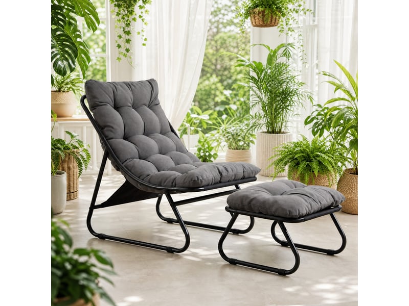  Fauteuil de détente extérieur avec repose-pieds en acier noir et coussins gris  - Conforama B
