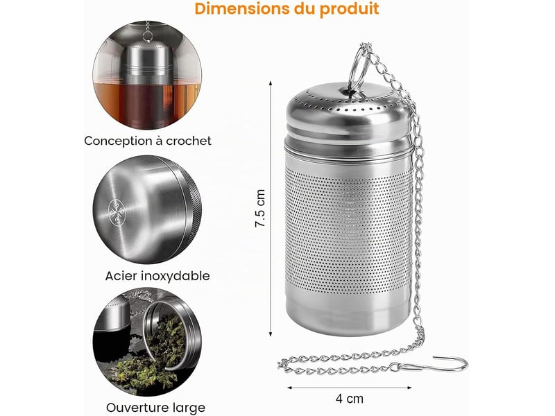  2 pièces passoire à thé pour thé en vrac, filtre à thé en acier inoxydable avec couvercle et chaîne, filtre à thé pour thé en vrac (4x7,5 cm) CSLZF-KAI0012420LZF - Conforama B