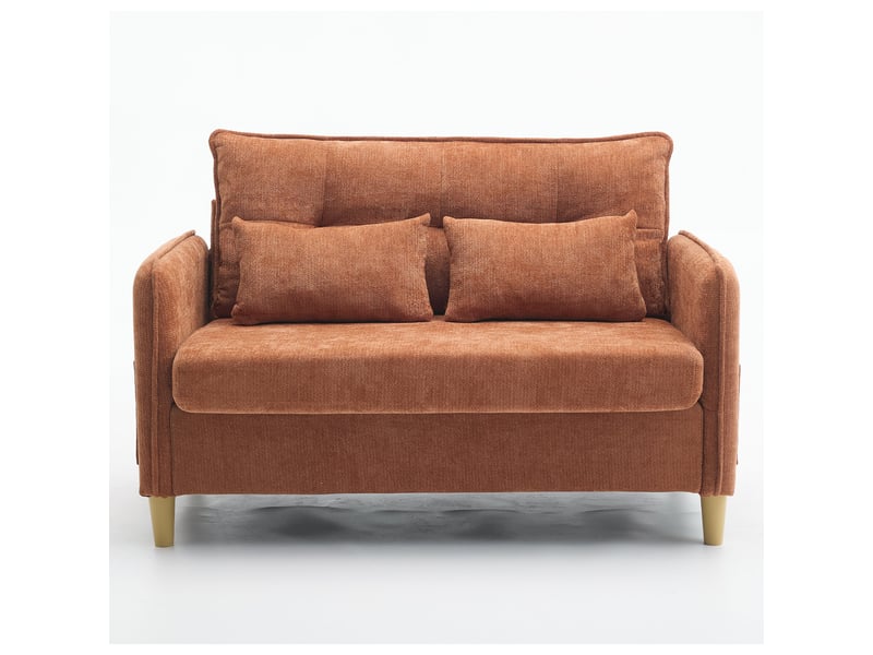 Canapé 2 places en tissu chenille brun avec accoudoirs, coussins inclus et rangement latéral intégré - Conforama A