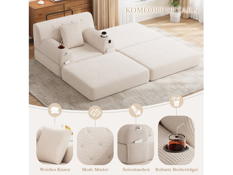  Fauteuil 1 place avec repose-pieds en velours côtelé beige, 107x162x81 cm  - Conforama W