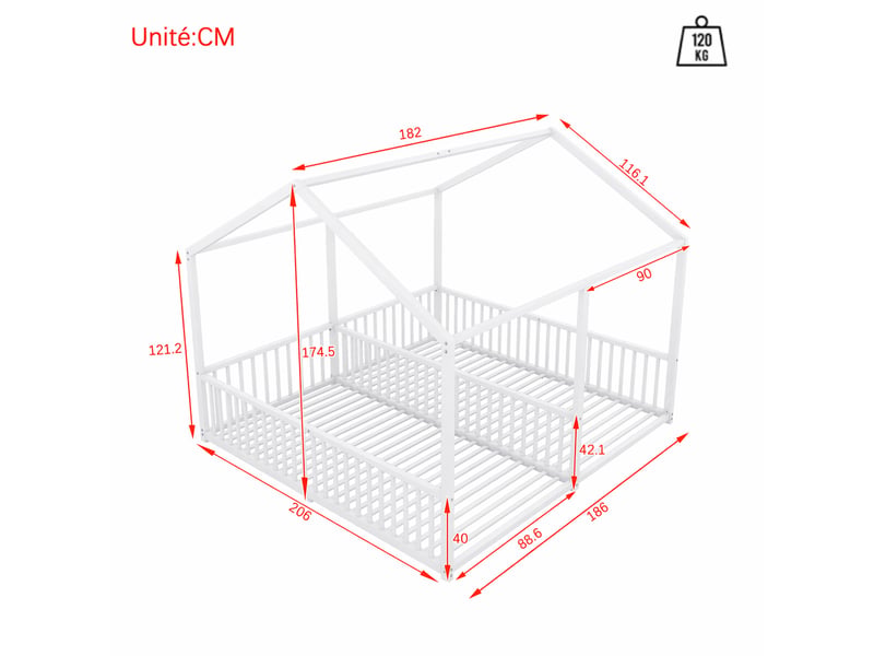  Lit superposé enfant 2 places en métal avec forme de maison, échelle et barrières, 90x200 cm, sans matelas, blanc  - Conforama D