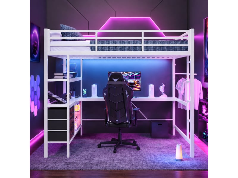  Lit mezzanine 140x200 cm blanc avec bureau, led, rangements et escalier  - Conforama B