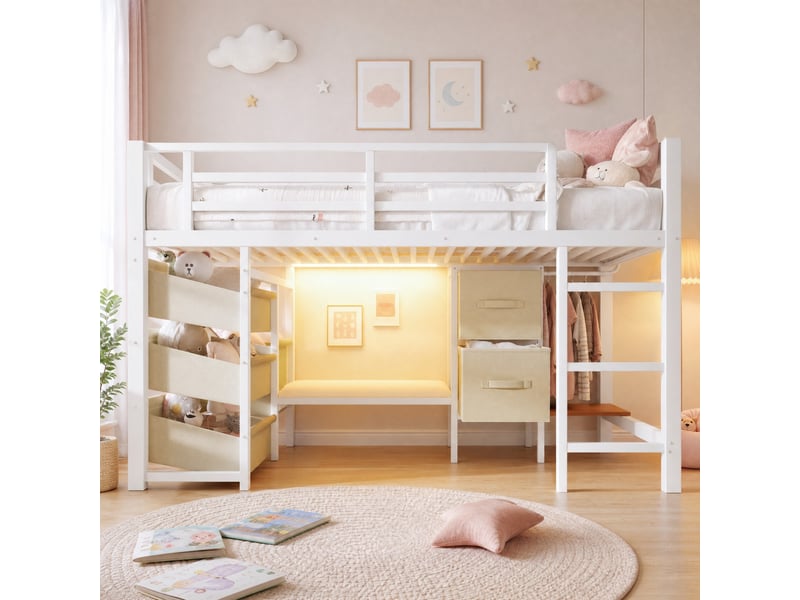  Lit mezzanine 200×90 cm avec rangement textile, éclairage led multicolore et coussin d’assise, sans matelas, en métal  - Conforama B