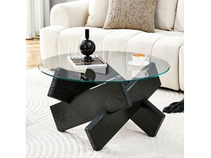 Table basse ronde 79 cm en mdf et verre, noir et transparent