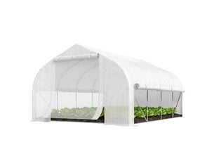 Serre tunnel de 4 x 3 x 2 m avec porte grillagée et 8 fenêtres, toit pointu et bâche blanche en polyéthylène.
