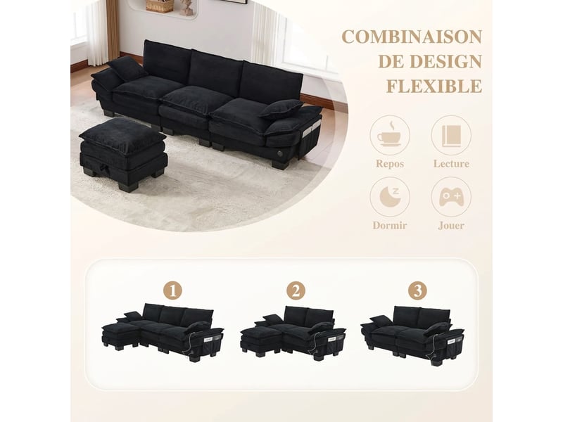 Canapé modulaire 3 places velours côtelé noir - usb-c, 260 x 132 x 84 cm, avec pouf rangement - Conforama R