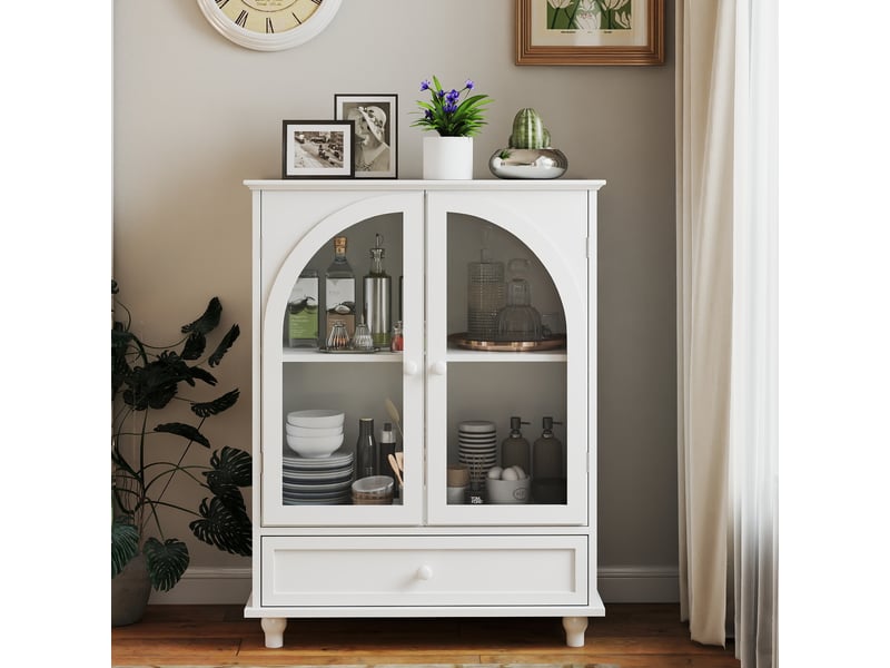  Buffet style campagne avec porte vitrée bombée, vaisselier blanc avec plan supérieur étagé et 1 tiroir pour cuisine, salon, coin café  - Conforama D