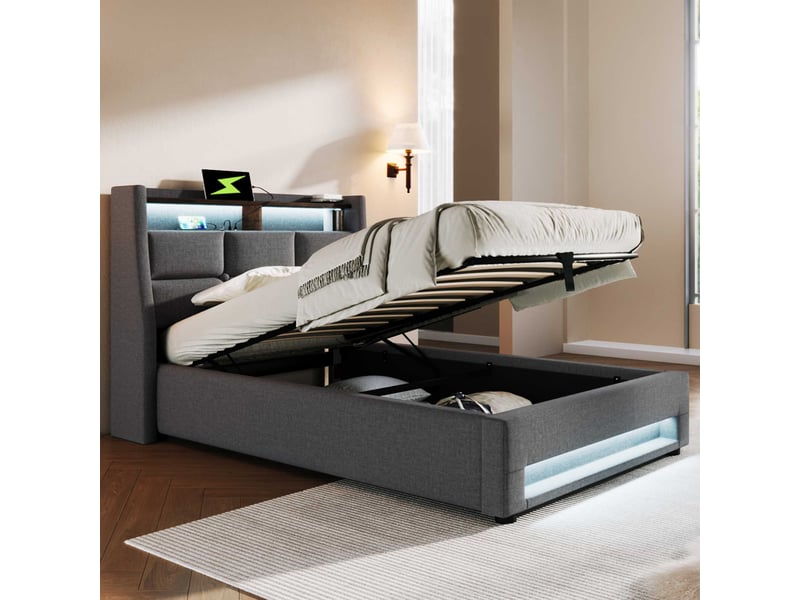  Lit coffre led 90x200 cm, 2 ports usb, tête de lit avec étagère, sommier relevable, tissu gris C-DEGAYUN - Conforama D