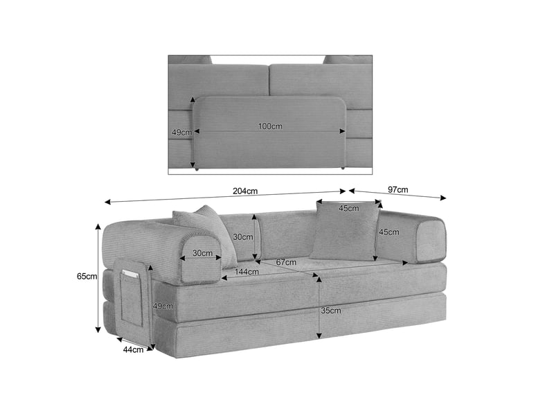  Canapé convertible 3 places modenvie canapé-lit en velours côtelé vert 204 x 97 x 65 cm avec 2 coussins et 2 matelas de 17 cm  - Conforama C