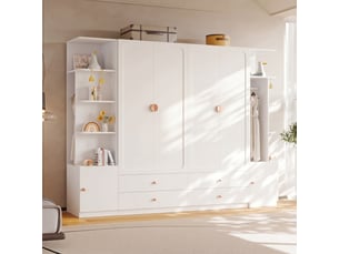 Armoire de chambre 270x45x200 cm, grand dressing modulable 6 portes, avec 4 tiroirs et 4 penderies, en bois massif et mdf, blanc