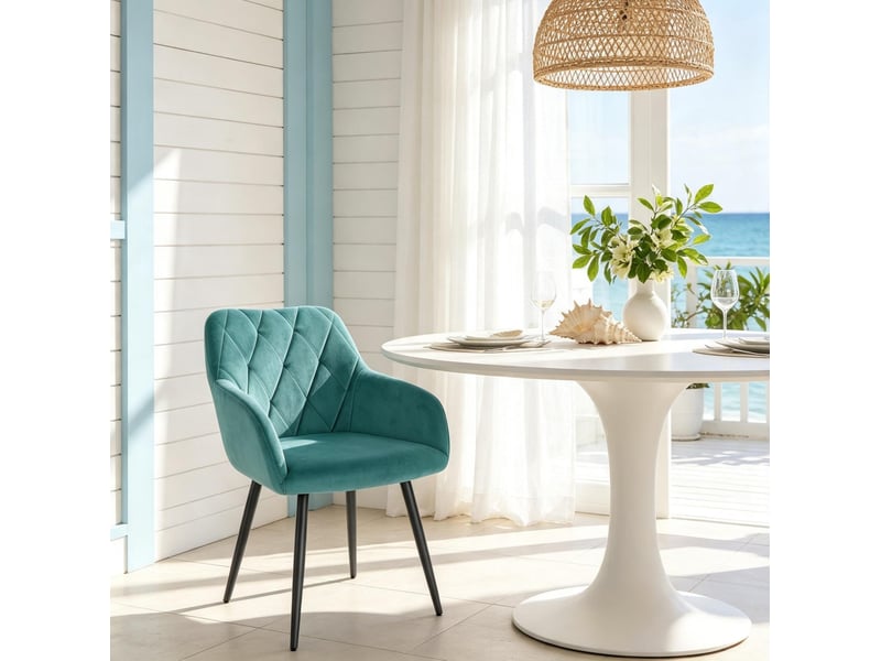 Chaise de salle à manger avec accoudoirs en velours bleu pétrole et pieds en métal  - Conforama C