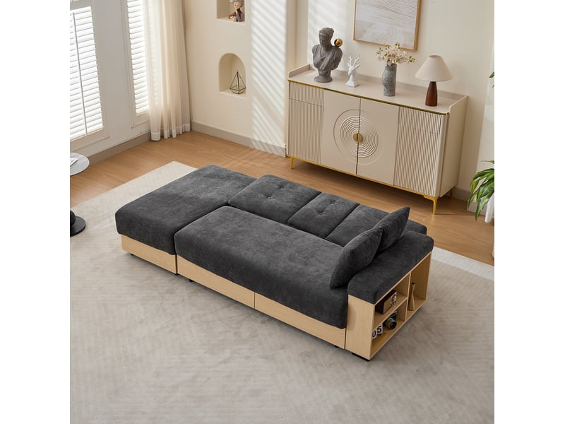 Canapé convertible 3 places avec dossier réglable, rangement, 2 tiroirs et porte-gobelets en chenille gris - Conforama E