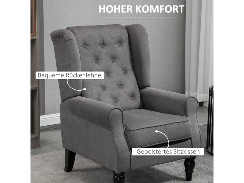  Fauteuil relax à oreilles,74x86x102 cm,avec dossier haut,polyester,gris foncé  - Conforama E