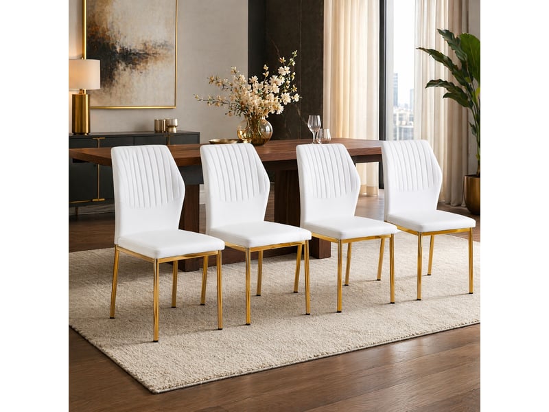  Lot de 4 chaises de salle à manger avec dossier côtelé  - assise rembourrée, pu et métal blanc et doré  - Conforama C