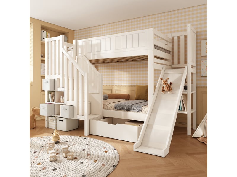  Lit superposé 2 x 90x200 cm, toboggan, escalier de rangement, 3 tiroirs textiles, 2 tiroirs bas, étagères et sommiers, sans matelas, bois, blanc Luxe haut de gamme - Conforama B