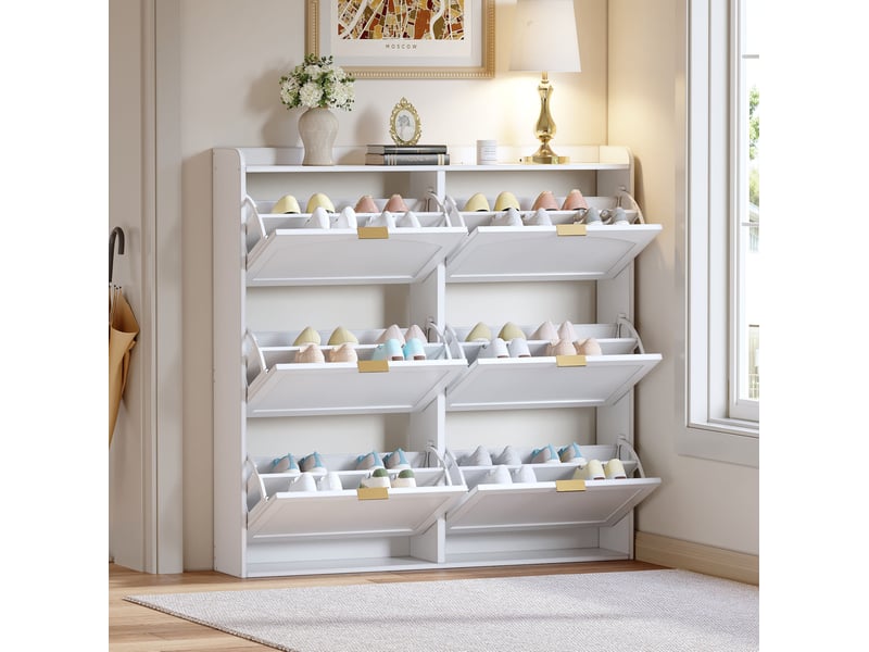  Meuble à chaussures ulevr à 6 abattants, rangement jusqu’à 30 paires, 120 x 23 x 118 cm, mdf et panneaux de particules, blanc  - Conforama D