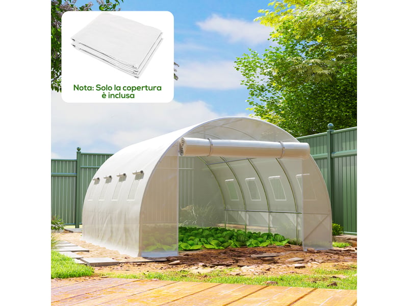  Serre en polyéthylène avec 8 fenêtres, porte sectionnelle et bords enterrés, 4 x 3 x 2 m, blanche  - Conforama D