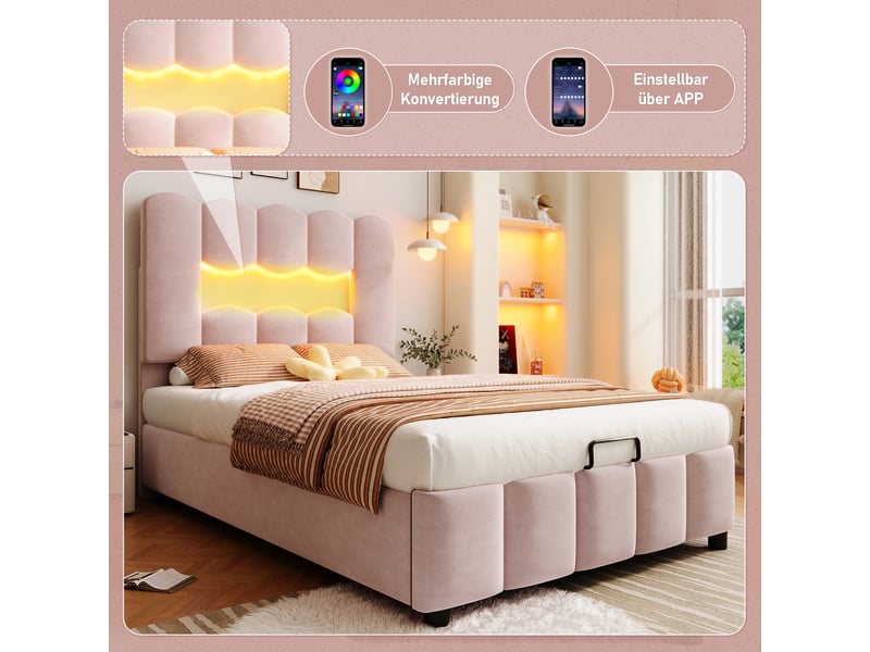  Lit rembourré 90 x 200 cm sans matelas, éclairage led, coffre hydraulique, tête réglable, velours rose  - Conforama C
