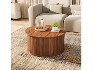 Table basse ronde 88 x 88 cm noyer en mdf, plateau relevable et rangement intégré pour votre salon