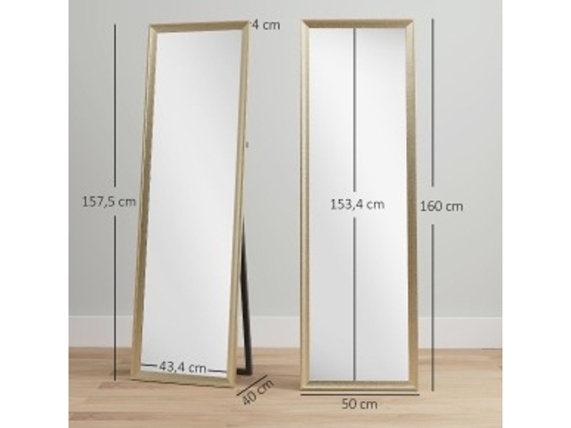  Miroir simple avec support rabattable, pose au sol ou murale, cadre texturé aspect métal, plastique doré, 50 × 160 cm  - Conforama D