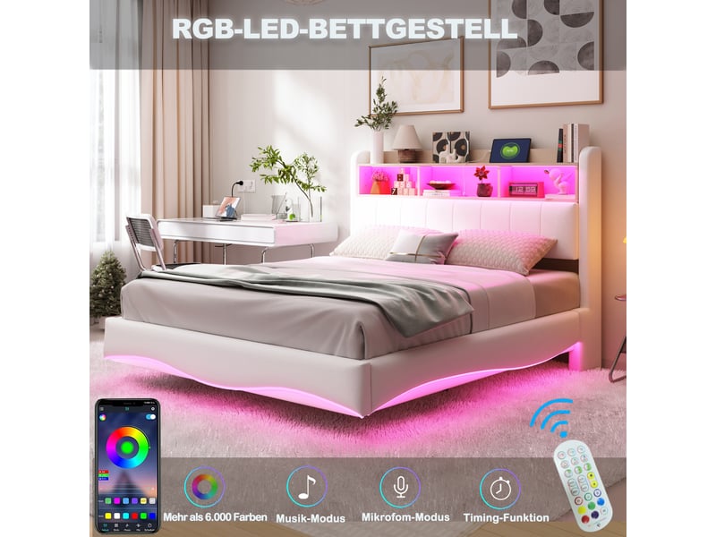  Lit rembourré design flottant 140x200 cm, lin beige, led, usb-c, étagère et coffre de tête et cadre métal  - Conforama E