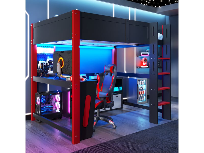  Lit mezzanine enfant 140x200 cm, bureau, panneau perforé, led multicolore, pin et mdf, noir + bois naturel Radiant Stride - Conforama D