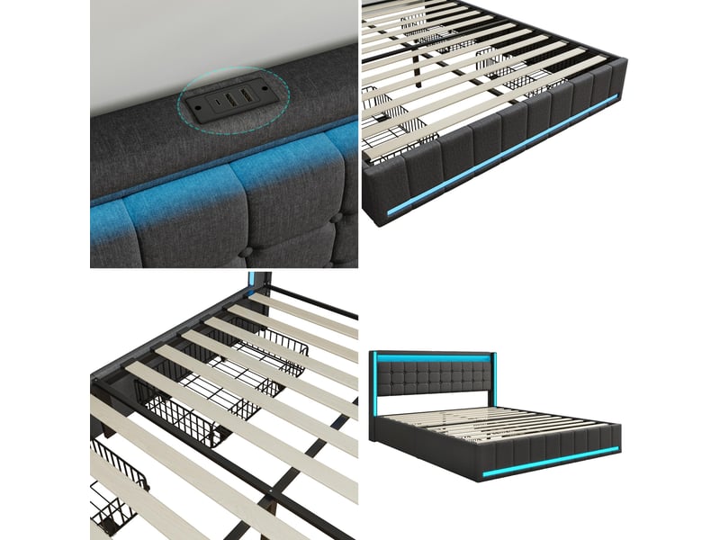  Lit adulte 140x200 avec 4 tiroirs de rangement et led rgb - tête de lit connectée usb &amp; usb-c - tissu gris foncé moderne  - Conforama D