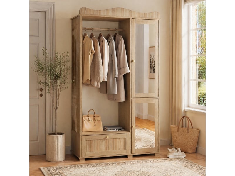 Armoire avec miroir, penderie ouverte, 1 tiroir et 2 portes pour chambre et entrée en mdf couleur chêne - Conforama E