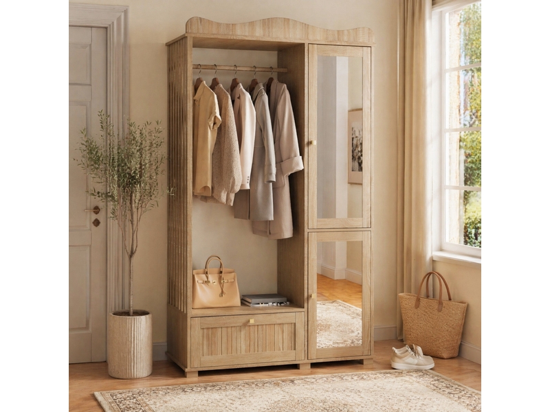  Armoire avec miroir, penderie ouverte, 1 tiroir et 2 portes pour chambre et entrée en mdf couleur chêne  - Conforama E